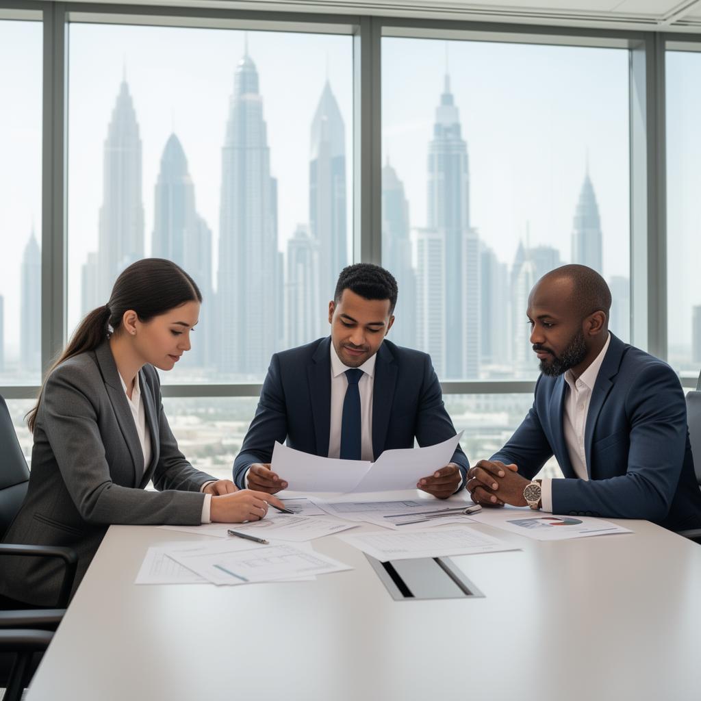 Diverse team of business professionals discussing UAE company formation strategy in modern office