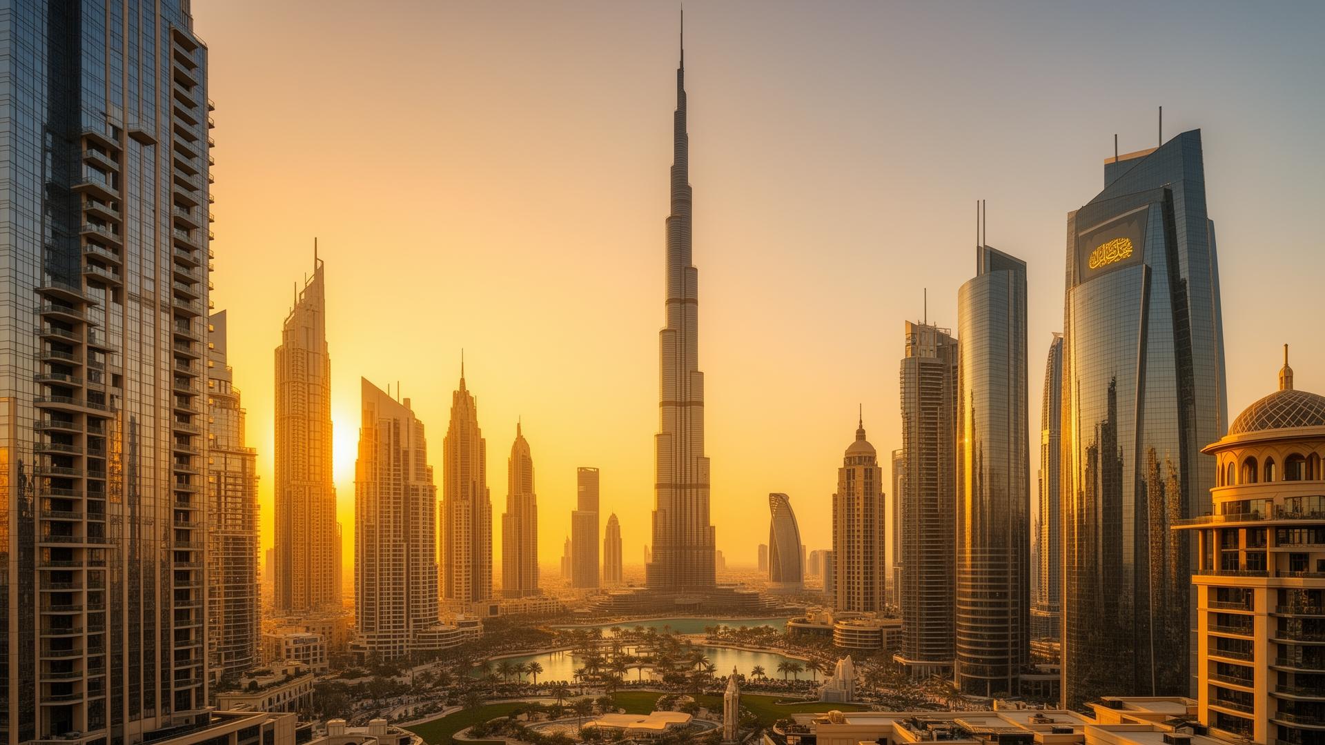 Dubai skyline at golden hour showcasing modern business architecture